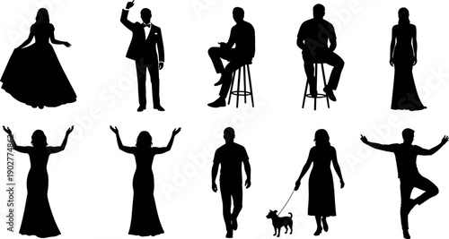 Black silhouettes of people in various poses including formal wear sitting on stools walking a dog and celebrating success