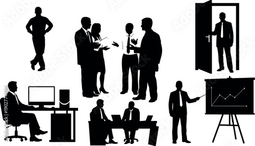 Business People Silhouettes Working in Office Environment Including Presentations Meetings Desk Work Collaboration Networking Professional Corporate Management and Team Leadership Graphics