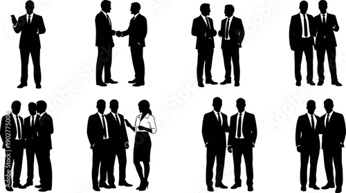 Collection of professional business people silhouettes in suits engaging in handshake networking corporate meetings and collaborative teamwork for office projects