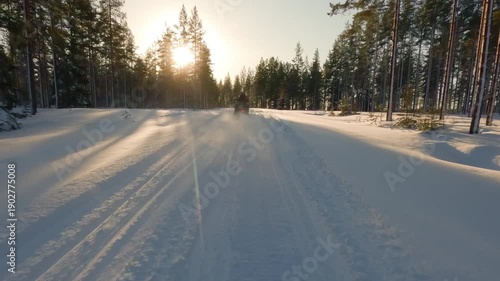 Point of view of a person riding a snowmobile at high speed through a snowy forest during a beautiful sunset in Sweden, with snow powder flying from the track creating an exhilarating scene,  sound
