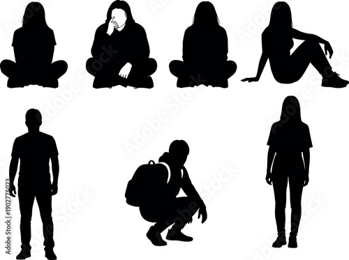 Collection of silhouettes featuring diverse young people in various poses including sitting cross-legged, standing, and crouching with a backpack set
