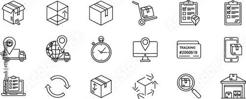 Comprehensive Logistics and Supply Chain Icon Set Featuring Shipping Boxes Delivery Trucks Tracking Systems Warehousing Global Transportation and Ecommerce Fulfillment Services