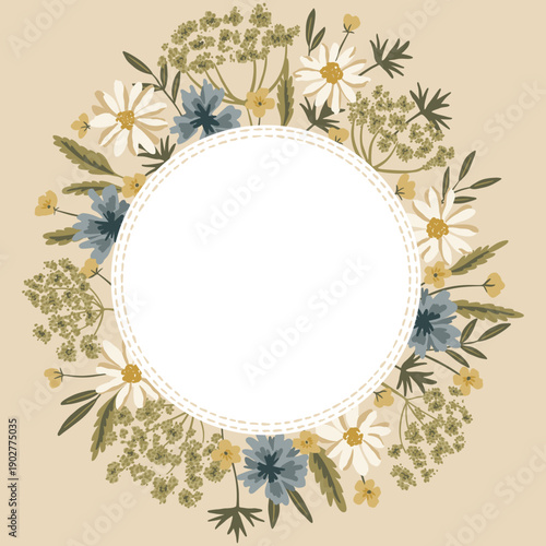Romantic meadow wildflowers vector round frame with rustic charm. Hand drawn chamomile, bachelor buttons, foliage, Queen Anne's lace flowers for cottagecore floral design, farmstead invitations