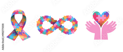 World autism awareness symbols. Ribbon, infinity sign and hand with heart made from colorful puzzle pieces. 