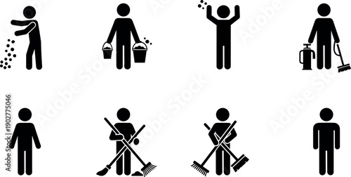 Collection of professional cleaning service icons and janitor stick figures showing sweeping, mopping, carrying buckets, and industrial floor maintenance activities.