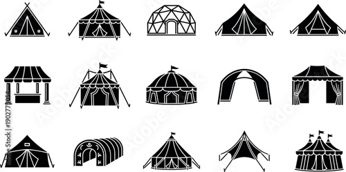 Comprehensive Set of Black Vector Tent Icons Including Camping Shelters Circus Big Tops Event Marquees Glamping Domes and Outdoor Pavilions