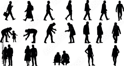 Large collection of diverse human silhouettes featuring people walking, standing, sitting, couples, and parents with children for architectural professional visualization.