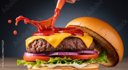 Tasty Cheeseburger with Ketchup, Kitchen Setting, Food Photography, Close-Up View, Culinary Delight
