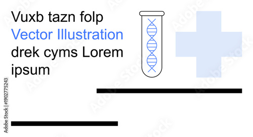 Science research, biotechnology, laboratory work, genetics, healthcare, medical services. DNA strand in a test tube next to a medical cross and placeholder text. Genetics and healthcare concept
