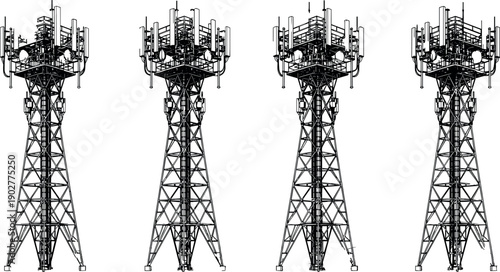 Lattice Telecommunications Tower Vector Set with Cellular Antennas and Microwave Dishes for 5G Network Infrastructure Connectivity and Communication Technology Design