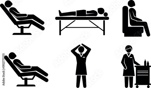 Medical examination and patient care vector icons featuring person in reclining chair exam table sitting and doctor with equipment cart