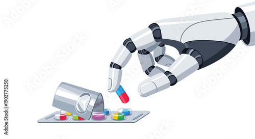 Futuristic Robotic Hand Picking Up Medical Pill Capsule From Blister Pack