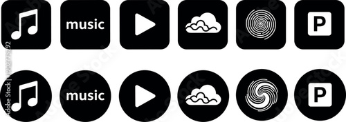 Minimalist black and white music player icon set featuring audio notes play buttons cloud streaming and spiral rhythm multimedia symbols