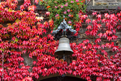 Photo of red colored ivy surrounding a bell in Senheim, Germany in the fall