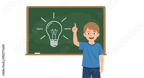 Smiling Boy Pointing At Lightbulb Drawing On Classroom Green Chalkboard