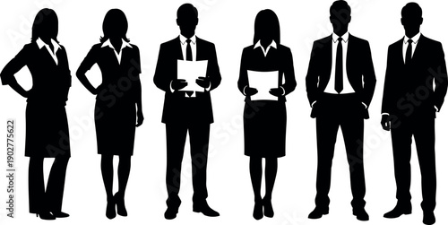 Professional business team silhouettes standing in formal office attire including suits and blazers for corporate leadership and diverse workforce concepts.