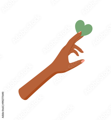 Flat style hand with green heart symbol. Hand gesture represents love, hope, and charity. Concept of giving support, aid, and care in colorful abstract style art.