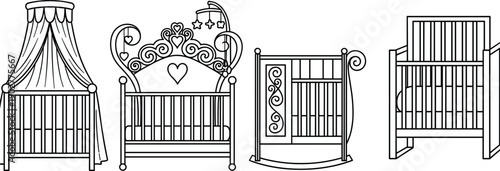 Black and white vector illustration showing five unique baby crib designs including canopy, rocking, ornate, traditional, and corner nursery furniture.