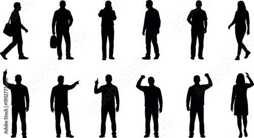 Set of black silhouettes of men and women in various poses including walking, pointing, standing, and gesturing on white background