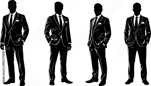 Set of Four Elegant Male Silhouettes in Professional Business Suits Standing in Confident Poses for Corporate Fashion and Executive Branding