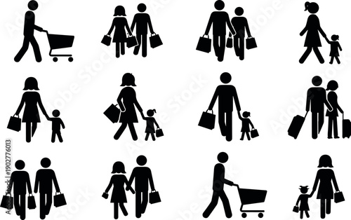 Set of shopping and travel people icons featuring families and couples with bags, carts, suitcases, and children in flat silhouette style