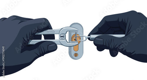 Hands In Black Gloves Using Pliers And Picking Tool On Door Lock Cylinder