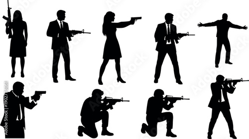 Set of silhouettes featuring secret agents, bodyguards, and tactical military personnel in suits and gear holding rifles and handguns for security.