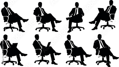 Set of silhouettes of professional businessmen in suits sitting in office chairs with laptops, illustrating corporate leadership, teamwork, and productivity.