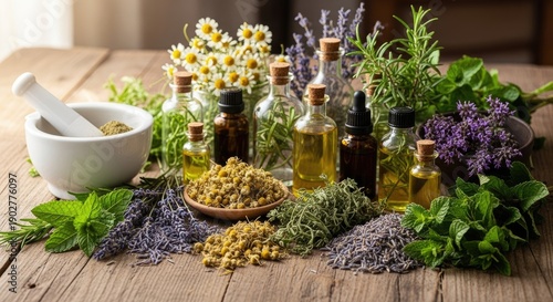 Wallpaper Mural Aromatic herbal essences, fresh plants and oils are gathered on a wooden surface, including lavender, mint, chamomile flowers, rosemary, and dried thyme, Torontodigital.ca