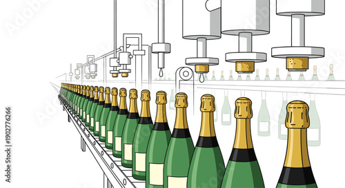 Automated Bottling Plant Line Corking Green Glass Champagne Bottles