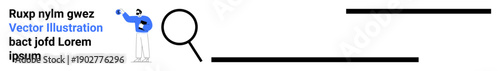 Digital search, online exploration, finding information, search engines, data analysis, web usage. Character holding magnifying glass near search bar and text. Digital search and online exploration