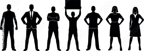 Silhouette set of diverse professional and casual people standing in confident poses including businessman woman and protestor holding blank sign