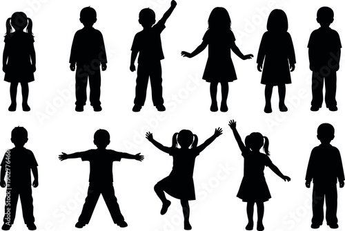 Silhouettes of children group standing in different poses and positions including happy kids jumping playing and raising hands isolated vector