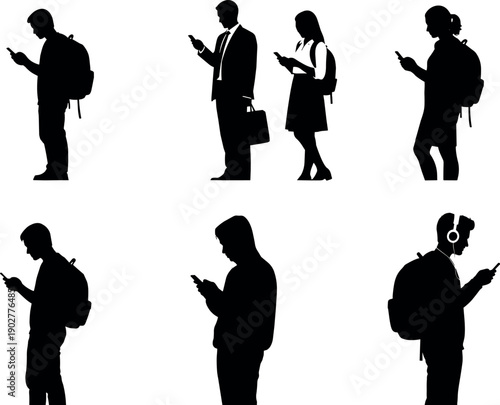 Silhouettes of diverse people and students standing and walking while using smartphones and mobile devices for communication and social media