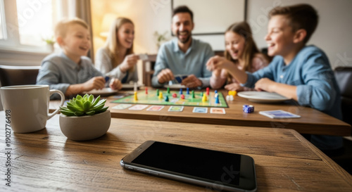 Wallpaper Mural Happy parents and children spend quality time, playing fun board games. They enjoy life offline, without constant internet or social media engagement. Torontodigital.ca