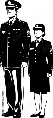Vector illustration of male and female military officers in formal dress uniforms standing at attention in a clean black silhouette