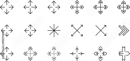 Versatile Set of Linear Expansion Icons Representing Full Screen Modes Navigation Directions Stretching Scales Movement Arrows and User Interface Layout Symbols
