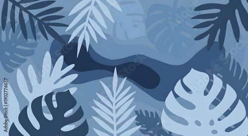Layered blue tropical leaves background with monstera and palm fronds