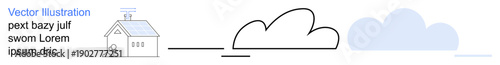 Renewable energy, sustainable living, green technology, cloud storage, digital connectivity, environment. House with solar panels and stylized cloud icon. Renewable energy and digital connectivity