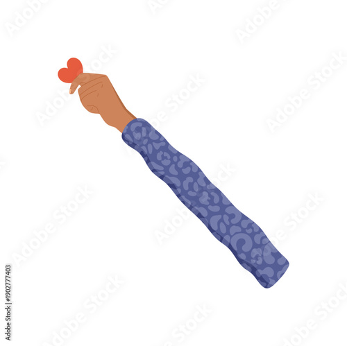 Flat style hand holding red heart symbol. Open arm with love gesture, compassion, and volunteer aid. Represents charity, support, and hope in nonprofit social contribution contexts.