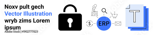 Cybersecurity, ERP systems, data encryption, business management, file sharing, online shopping. Visual includes lock, ERP text shopping cart and file icons. Cybersecurity and ERP systems theme