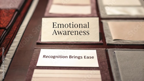 Cards Displaying 'Emotional Awareness' and 'Recognition Brings Ease' in a Conceptual Layout