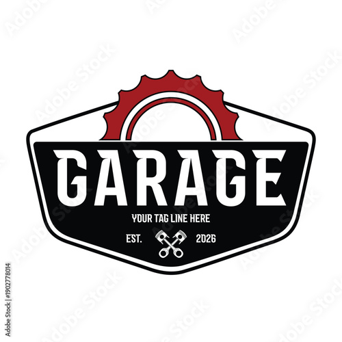 Retro automotive garage logo with crossed pistons and gear. Vintage shield emblem for car repair shop, motorcycle engine service, or custom workshop. Industrial vector badge design