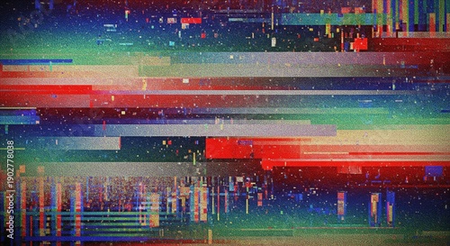 A vibrant, horizontal digital glitch effect. It features colorful stripes, static, and pixelated noise in red, blue, and green, resembling a corrupted video signal
