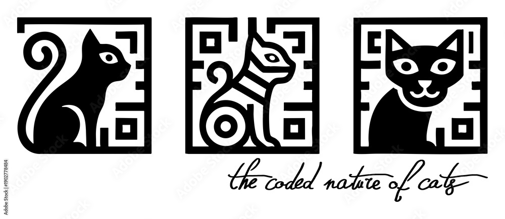 Fototapeta premium Cats encrypted in code, cipher, logo, stamp, tattoo