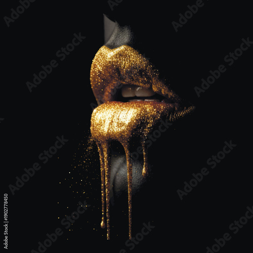 3d sensual female lips covered in dripping golden glitter. Luxury makeup concept with shimmering gold paint and sparkling dust on a black background. High-end beauty vector art.