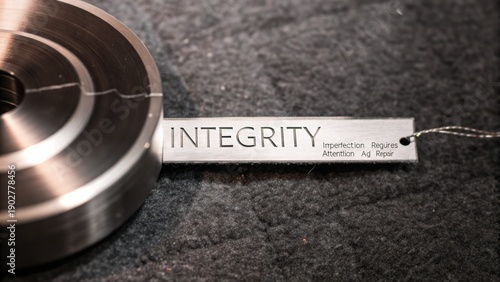 Close-up of a polished metal component inscribed with the word INTEGRITY and other text