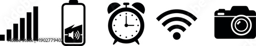 Black Minimalist Mobile Phone Interface Icons Set Including Signal Strength Battery Life Alarm Clock Wireless Wi-Fi Network and Digital Camera Vector