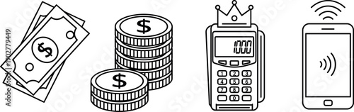 Cash and Coins with King Crown on Credit Card Terminal and Mobile Smartphone for Digital Contactless Payment and Finance Concept