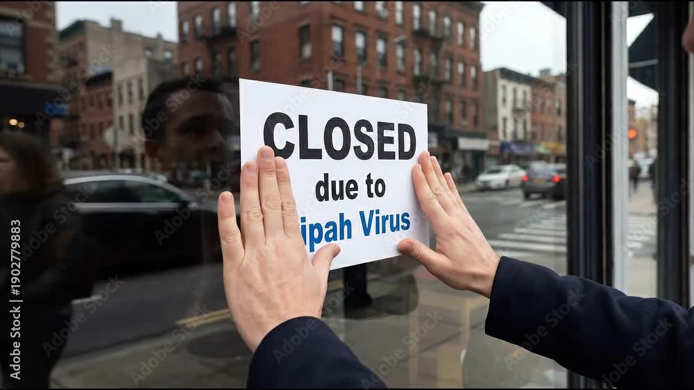 custom made wallpaper toronto digitalPerson hands putting up a sign on a glass window that says closed due to Nipah Virus on a city street background with cars